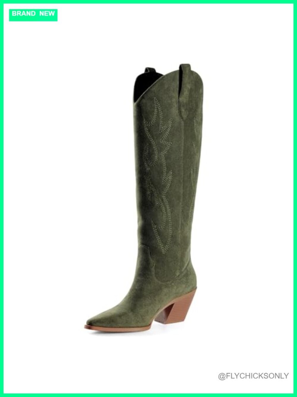 Faux Suede Knee High Cowboy Boots Pointed Toe Block Heel Embroidered Western